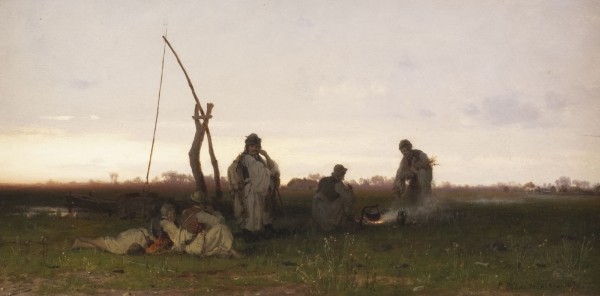 Auction 137<br>PAAR GEMÄLDE: UNGARISCHE FISCHER AM FLUSSUFER. RAST AM LAGERFEUER (1872)