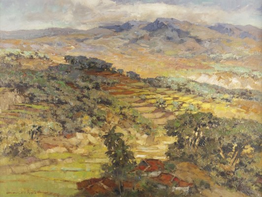 Auction 137<br>LANDSCHAFT MIT DORF IM VORDERGRUND UND BERGEN IN DER FERNE