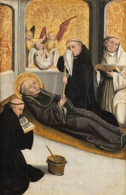 Auktion 137<br>VIER SZENEN AUS DEM LEBEN DES HL. LEONHARD UND DES BENEDIKT: KLOSTERBAU UND BRUNNENBAUWUNDER DES HL. LEONGHRD / TOD UND GRABLEGUNG DES HEILIGEN BENEDIKT