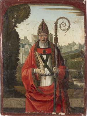 Auktion 137<br>DER HEILIGE BLASIUS IM ROTEN PHELONION MIT REICH VERZIERTEM BISCHOFSSTAB UND MITRA. IM HINTERGRUND EINE HISTORISCHE STADTKULISSE