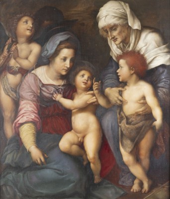 Auktion 137<br>HEILIGE FAMILIE MIT MARIA UND DEM KIND, DEM JOHANNESKNABEN, DER HEILIGEN ELISABETH UND ZWEI ENGELN