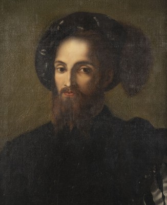 Auction 137<br>FRONTALPORTRAIT DES CESARE BORGIA GENANNT 'LE VALENTINOIS' MIT BART UND HUT MIT FEDERN IN EINEM SCHWARZEN GEWAND