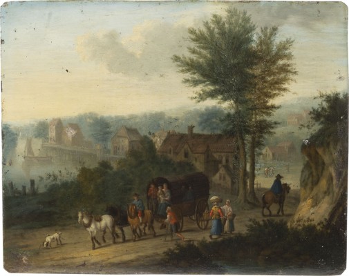 Auktion 137<br>LANDSCHAFT MIT PLANWAGEN UND BAUERNHÄUSERN AM SEEUFER