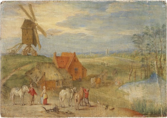 Auktion 137<br>LANDSCHAFT MIT BOCKWINDMÜHLE UND GEHÖFT, RECHTS EIN WEIHER. IM VORDER- UND MITTELGRUND FIGUREN- UND PFERDESTAFFAGE