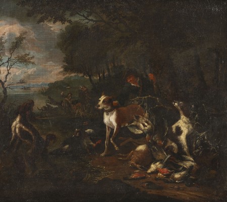 Auktion 137<br>LANDSCHAFT MIT JÄGER, HUNDEN UND JAGDSTILLLEBEN. IM HINTERGRUND: JAGDSZENE