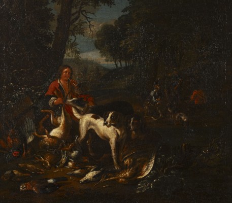 Auktion 137<br>LANDSCHAFT MIT JÄGER, HUNDEN UND JAGDSTILLLEBEN. IM HINTERGRUND: JÄGER MIR ERLEGTEM WILD