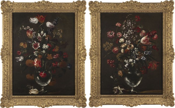 Auktion 137<br>PAAR BLUMENSTILLLEBEN MIT ASTERN UND TULPEN IN EINER GLASVASE