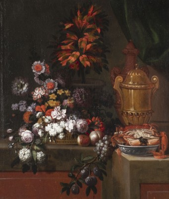 Auktion 137<br>STILLLEBEN MIT BASTKORB UND BLUMEN, TRAUBEN, PFIRSICHEN, SCHALENTIEREN, EINER TOPFPFLANZE UND EINER PORPHYRVASE