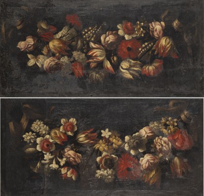 Auktion 137<br>PAAR STILLLEBEN MIT BLUMEN; SCHLEIFEN UND GIRLANDEN
