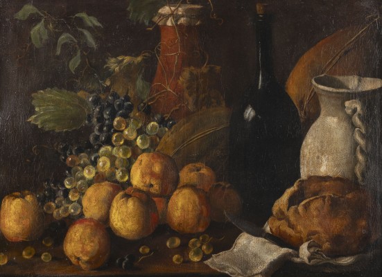 Auktion 137<br>STILLLEBEN MIT ÄPFELN, TRAUBEN, MELONEN, BROT, KRUG UND FLASCHE