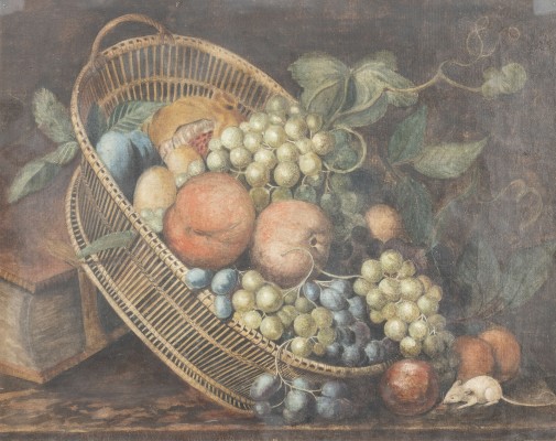 Auktion 137<br>PAAR STILLLEBEN: BLUMENSTILLLEBEN MIT BASTKORB / OBSTSTILLLEBEN MIT BASTKORB, BUCH UND MAUS