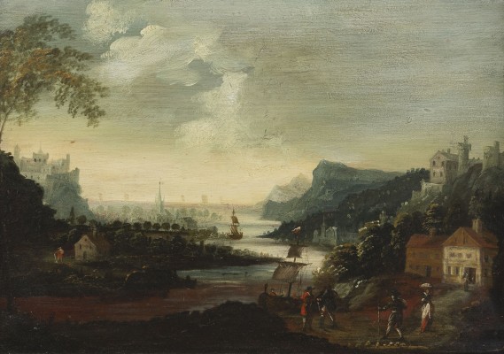 Auktion 137<br>GEBIRGIGE LANDSCHAFT MIT STADT- UND BURGANLAGE AM WASSER
