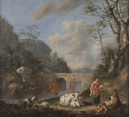 Auktion 137<br>FLUSSLANDSCHAFT MIT BRÜCKE UND RASTENDEN SCHAFHIRTEN