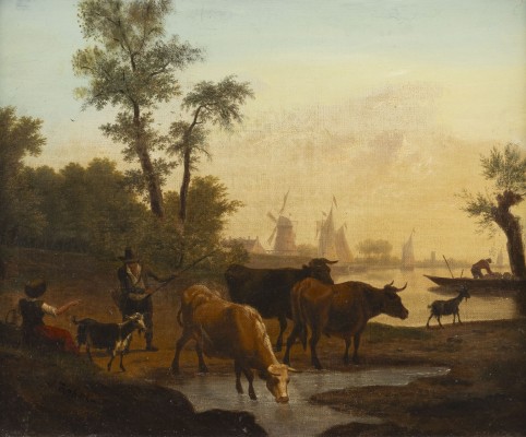 Auktion 137<br>LANDSCHAFT MIT WINDMÜHLEN, KÜHEN UND VIEHHIRTEN AN ANGRENZENDEM GEWÄSSER