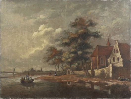 Auktion 137<br>KIRCHE AM WASSER MIT BOOT UND FIGURENSTAFFAGE