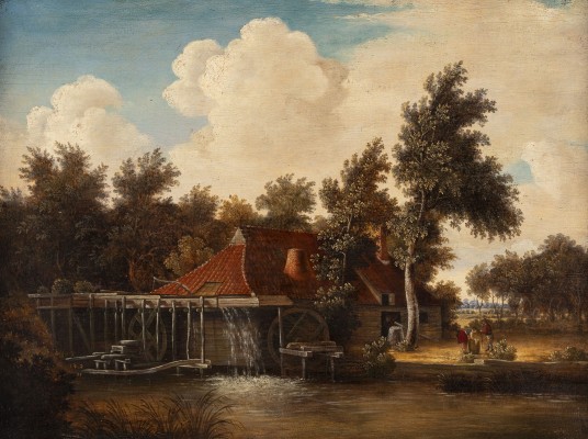 Auktion 137<br>LANDSCHAFT MIT WASSERMÜHLE UND WÄSCHERIN AM FLUSS