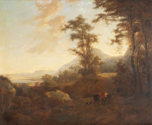 Auktion 137<br>BEWALDETE HÜGELIGE LANDSCHAFT AM MEER MIT ESELTREIBER