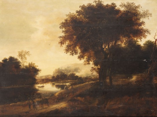 Auktion 137<br>BAUM-BESTANDENE HÜGELIGE LANDSCHAFT MIT PERSONENSTAFFAGE