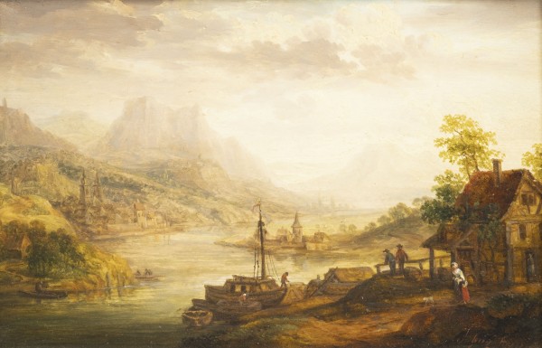 Auktion 137<br>BERGIGE FLUSSLANDSCHAFT MIT PERSONEN, FACHWERKHAUS UND BOOTEN IM VORDERGRUND