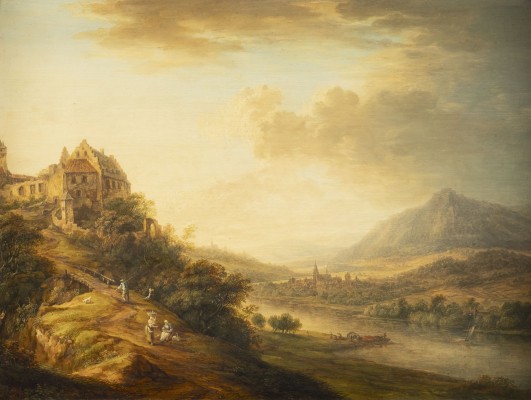 Auktion 137<br>GROSSE FLUSSLANDSCHAFT MIT EINER BURG AUF EINER ANHÖHE