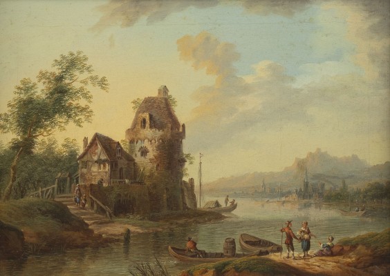 Auktion 137<br>FLUSSLANDSCHAFT MIT BURGANLAGE UND PERSONEN IM GESPRÄCH
