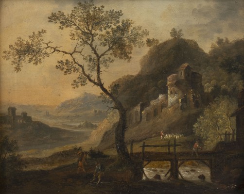 Auktion 137<br>FLUSSLANDSCHAFT MIT BURGRUINE UND BAUERN BEI DER ARBEIT
