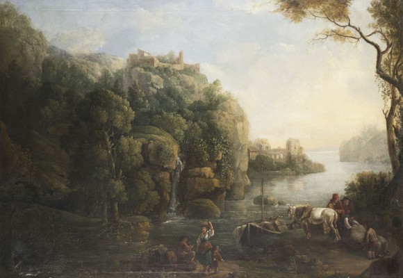 Auktion 137<br>FELSIGE IDEALLANDSCHAFT MIT BURGRUINEN UND FISCHERN AM SEEUFER