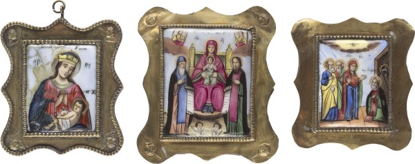 Auction 138<br>DREI FINIFTI: GOTTESMUTTER 'DER RÜHRUNG VON ROSTOW', GOTTESMUTTER PETSCHERSKAJA UND ERSCHEINUNG DER GOTTESMUTTER VOR DEM HEILIGEN SERGEJ VON RADONESCH