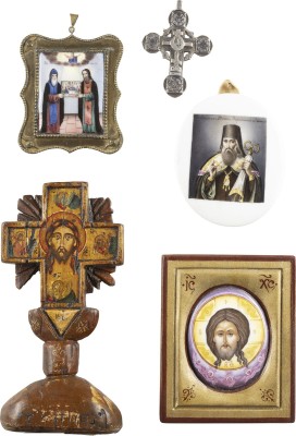 Auction 138<br>SAMMLUNG VON FÜNF RELIGIÖSEN OBJEKTEN MIT DEM MANDYLION UND AUSGEWÄHLTEN HEILIGEN
