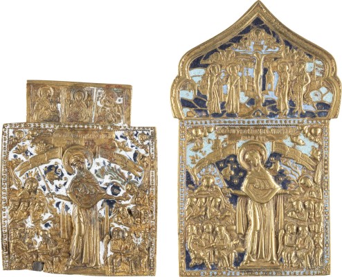 Auktion 138<br>ZWEI BRONZE-IKONEN MIT DARSTELLUNG DER GOTTESMUTTER 'FREUDE ALLER LEIDENDEN'