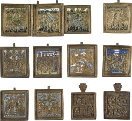 Bild SIGNIERTE BRONZE-IKONE MIT DEM ENTSCHLAFEN DER GOTTESMUTTER UND NEUN WEITERE BRONZE-IKONEN MIT HOCHFESTEN DES ORTHODOXEN KIRCHENJAHRES