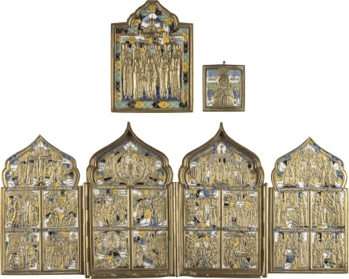 Bild DREI BRONZE-IKONEN: AUSGEWÄHLTE HEILIGE UND EIN TETRAPTYCHON MIT HOCHFESTEN DES ORTHODOXEN KIRCHENJAHRES