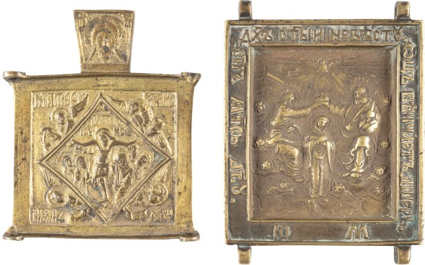 Auktion 138<br>MITTELTEIL EINES TRIPTYCHONS MIT DER KREUZIGUNG IN RHOMBUS UND DOPPELSEITIGE BRONZE-TAFEL MIT DER KRÖNUNG DER GOTTESMUTTER