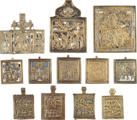 Auktion 138<br>SIGNIERTE IKONE MIT DER HADESFAHRT CHRISTI SOWIE ELF HOCHFESTEN DES ORTHODOXEN KIRCHENJAHRES