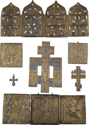 Bild SECHS BRONZE-IKONEN: DARSTELLUNGEN CHRISTI UND DER GOTTESMUTTER, HOCHFESTE DES ORTHODOXEN KIRCHENJAHRES SOWIE DREI KREUZE