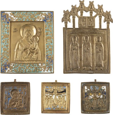 Picture FÜNF BRONZE-IKONEN: GNADENBILDER DER GOTTESMUTTER, HEILIGE UND KREUZIGUNG CHRISTI