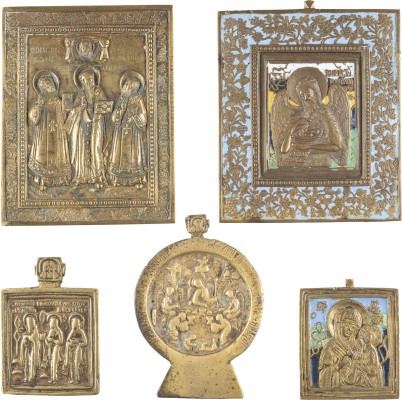 Picture FÜNF BRONZE-IKONEN: ERWEITERTE DREIFALTIGKEIT, JOHANNES DER TÄUFER, TICHWINSKAJA SOWIE DREI HEILIGE