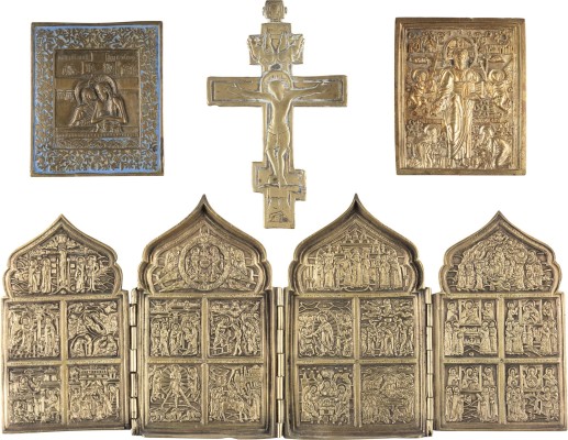Picture KONVOLUT VON VIER BRONZE-IKONEN: TETRAPTYCHON MIT HOCHFESTEN, ZWEI CHRISTUS-DARSTELLUNGEN SOWIE EIN KRUZIFIX