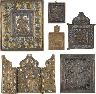 Picture SECHS BRONZE-IKONEN: HEILIGER GEORG DER DRACHENTÖTER, CHRISTI AUFERSTEHUNG UND HÖLLENFAHRTSOWIE ENTSCHLAFUNG DER GOTTESMUTTER UND GOTTESMUTTER 'FREUDE ALLER LEIDENDEN'
