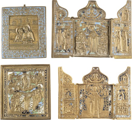 Picture VIER BRONZE-IKONEN: CHRISTI HÖLLENFAHRT UND AUFERSTEHUNG, 'WEINE NICHT UM MICH, MUTTER' SOWIE ZWEI TRYPTICHONS: HEILIGER NIKOLAUS VON MOSHAJSK UND GOTTESMUTTER 'FREUDE ALLER LEIDENDEN'