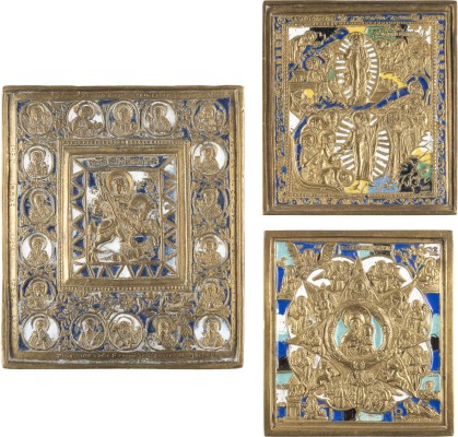 Picture DREI BRONZE-IKONEN: HEILIGER GEORG DER DRACHENTÖTER, CHRISTI HÖLLEN- UND HIMMELFAHRT SOWIE DIE GOTTESMUTTER VOM BRENNDENEN DORNBUSCH