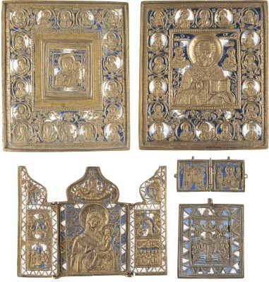 Picture FÜNF BRONZE-IKONEN: GNADENBILDER DER GOTTESMUTTER, HEILIGER NIKOLAUS UND DEESIS