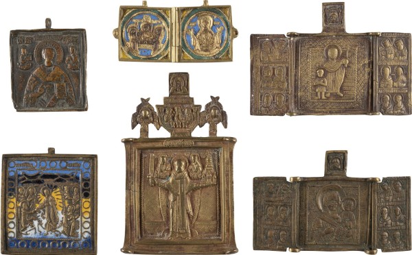 Bild SECHS BRONZE-IKONEN: HADESFAHRT CHRIST, GNADENBILDER DER GOTTESMUTTER SOWIE AUSGEWÄHLTE HEILIGE