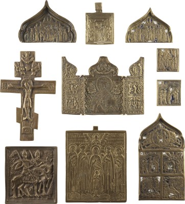Bild ZEHN BRONZE-IKONEN: AUSGEWÄHLTE HEILIGE, FESTTAGE DES ORTHODOXEN KIRCHENJAHRES, GNADENBILDER DER GOTTESMUTTER SOWIE EIN KRUZIFIX UND ZWEI FRAGMENTE