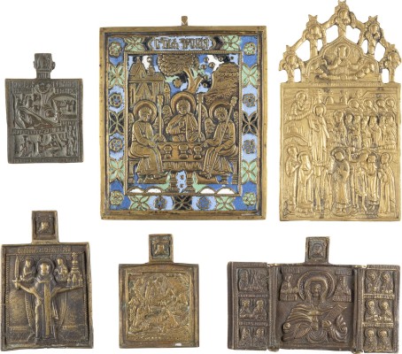 Bild SECHS BRONZE-IKONEN: FEINE IKONE MIT DER HEILIGEN DREIFALTIGKEIT, GOTTESMUTTER POKROW, AUSGEWÄHLTE HEILIGE SOWIE HOCHFESTE DES ORTHODOXEN KIRCHENJAHRES