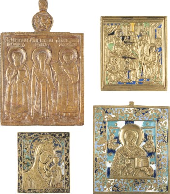 Picture VIER BRONZE-IKONEN: HEILIGER NIKOLAUS VON ZARAISK, GEBURT DER GOTTESMUTTER, GOTTESMUTTER VON KASAN 'KASANSKAJA' SOWIE DREI METROPOLITEN