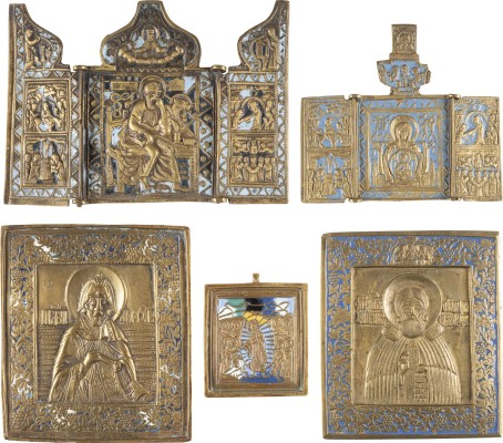 Picture FÜNF BRONZE-IKONEN: EVANGELIST JOHANNES, GOTTESMUTTER DES ZEICHENS, CHRISTI HÖLLENFAHRT, HEILIGER SERGEJ VON RADONESCH UND HEILIGER NIFONT