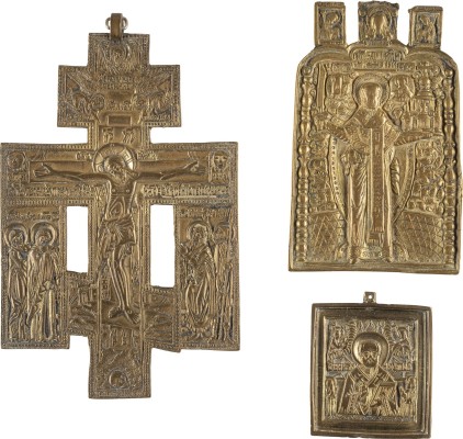 Picture DREI BRONZE-IKONEN: HEILIGER NIKOLAUS UND ERWEITERTES KREUZ