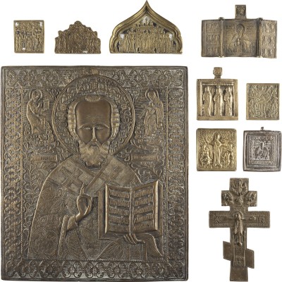 Picture ZEHN BRONZE-IKONEN: HEILIGER NIKOLAUS VON MYRA, AUSGEWÄHLTE HEILIGE, GNADENBILDER DER GOTTESMUTTER SOWIE EIN KRUZIFIX UND IKONEN-FRAGMENTE