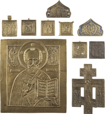 Picture ZEHN BRONZE-IKONEN: AUSGEWÄHLTE HEILIGE, HOCHFESTE DES ORTHODOXEN KIRCHENJAHRES, DREIFALTIGKEIT, ERWEITERTES KREUZ UND ZWEI FRAGMENTE